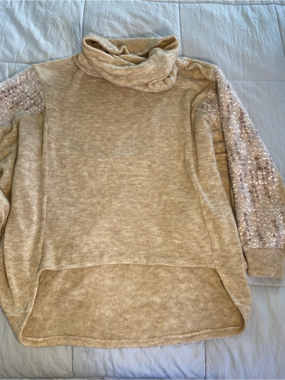 gimmicks by BKE Taupe Cowl Neck Sweater with Textured Sleeves